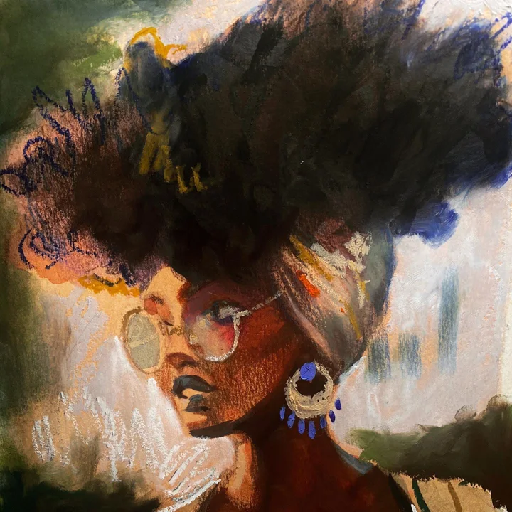 Painting of a woman with a voluminous dark afro, round glasses, and a large blue earring, glancing sideways.
