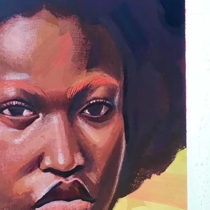 Painting of a close-up face of a dark-skinned woman with an afro, a furrowed brow, and a serious stare.