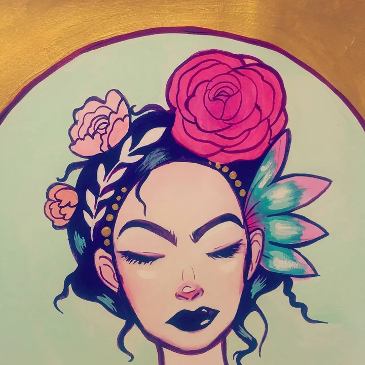Painting of a woman with closed eyes, dark brows, and roses and leaves in her dark hair, before a gold arc on mint green.
