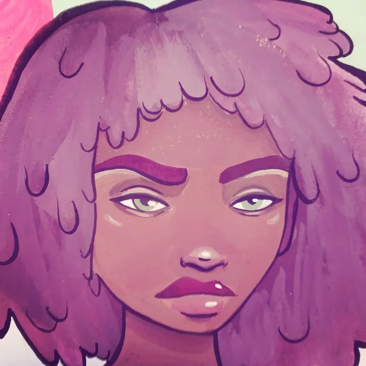 Painting of a woman's face in close-up with lilac curly hair, gray eyes, and purple lips in violet tones.