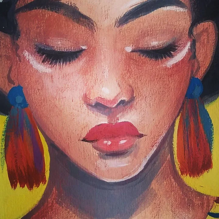 Painting of a woman with closed eyes, white marks under them, red lips, and big blue and red tassel earrings, on yellow.