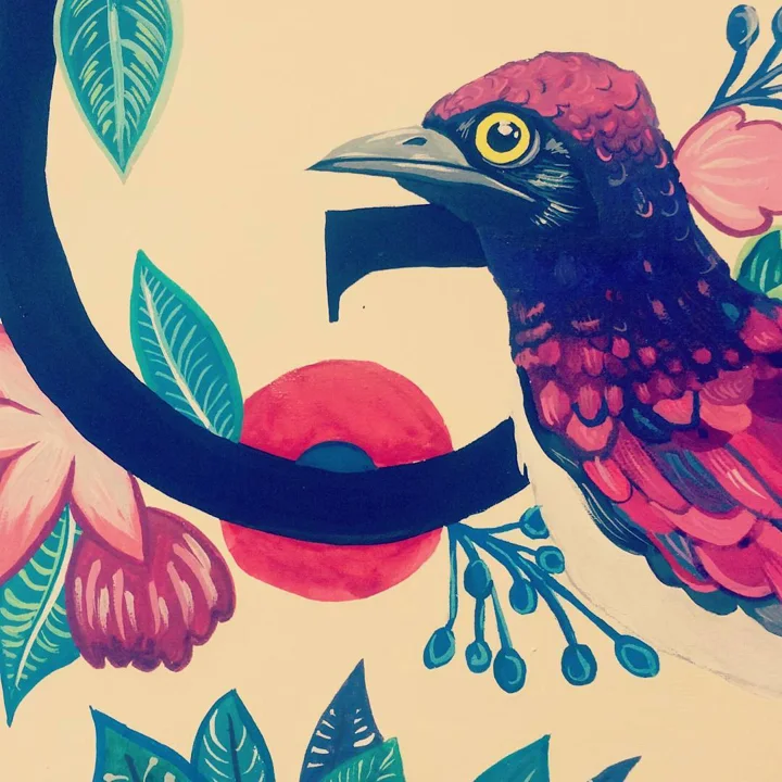 Painting of a magenta and navy bird with a yellow eye beside a large navy letter, a red circle, and tropical leaves.