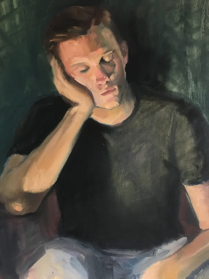 Oil portrait of a young man in a dark T-shirt resting his head on his hand, eyes lowered, against a dark green ground.