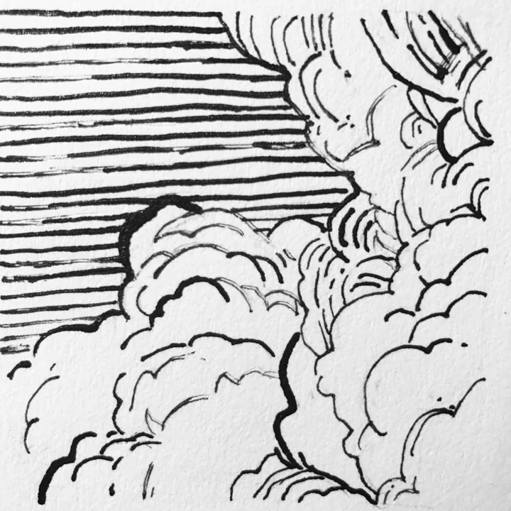 Ink drawing of billowing cumulus clouds against a sky of bold horizontal hatching.