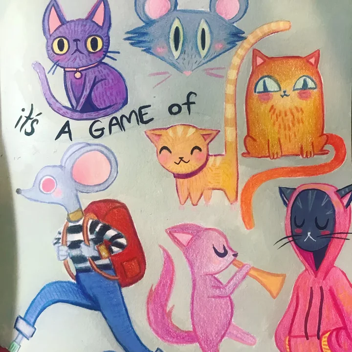 Marker and colored pencil drawing of cartoon cats, one playing a trumpet, and a mouse carrying a red backpack.