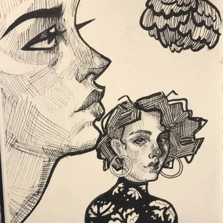Ink drawing of a large crosshatched profile beside a smaller curly-haired woman in hoop earrings and a floral top.