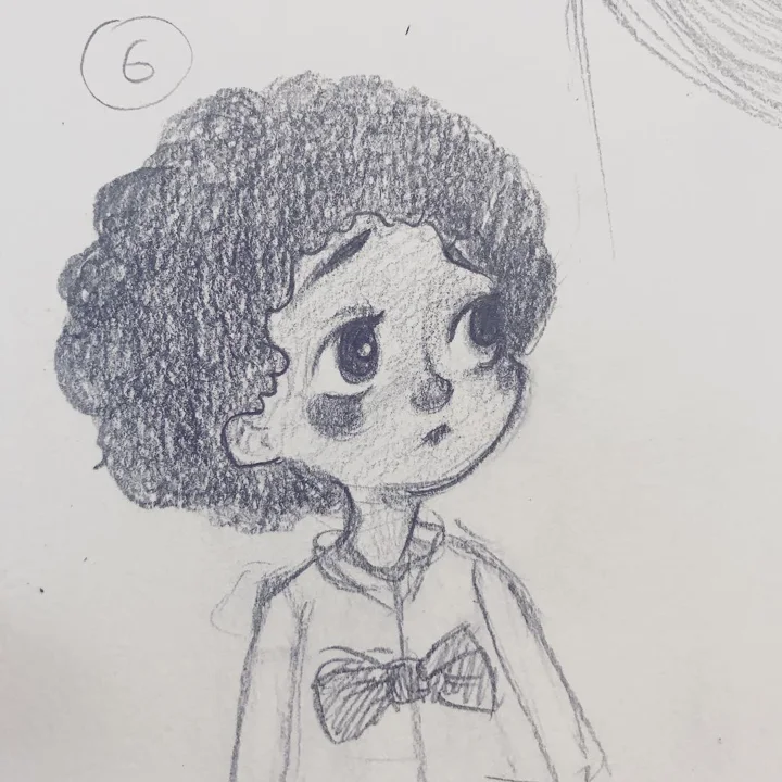 Pencil sketch of a wide-eyed child with a voluminous curly afro, wearing a collared shirt and bow tie.