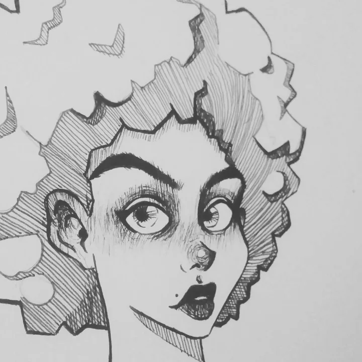 Ink drawing of a curly-haired woman with wide eyes glancing upward, her face and hair shaded in crosshatching.