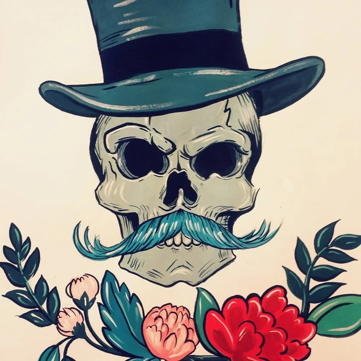 Inked illustration of a skull in a teal top hat with a curled mustache, above red and pink peonies.