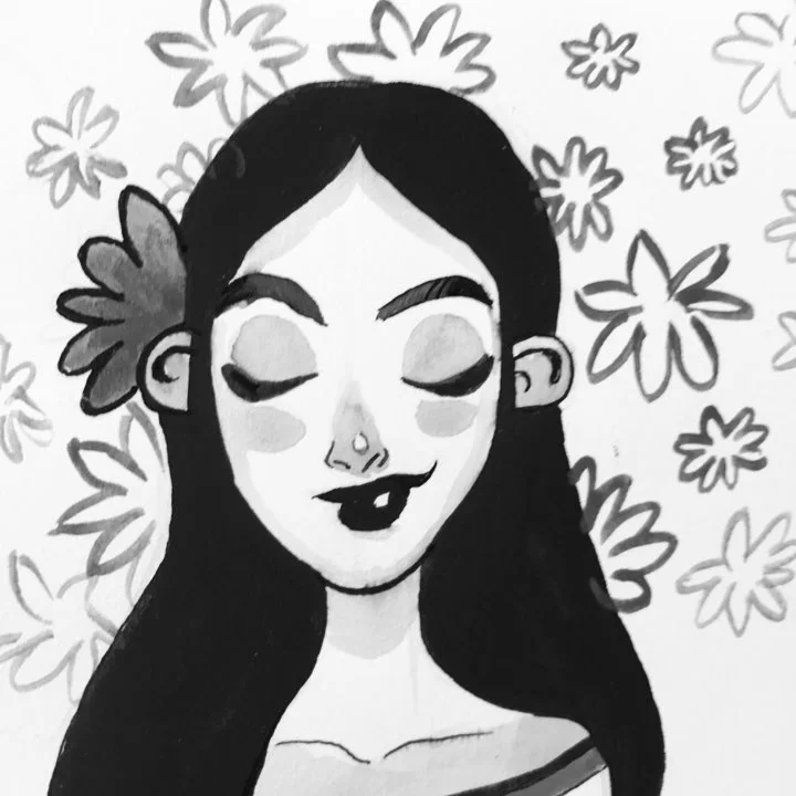 Ink and gray wash drawing of a girl with long black hair, closed eyes, and a flower at her ear against outlined blossoms.