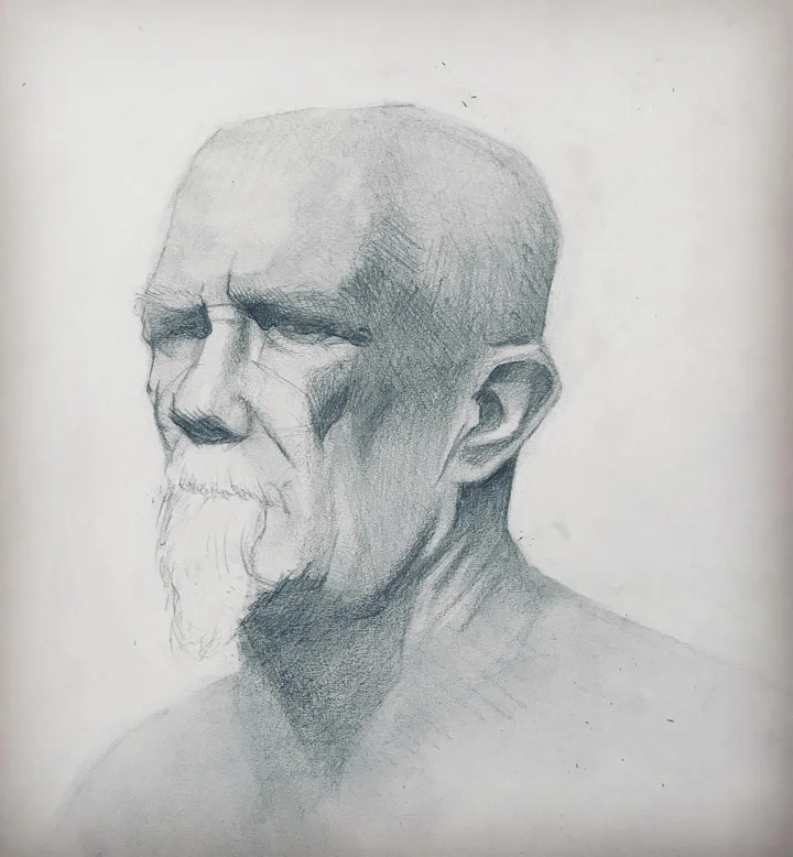 Pencil drawing of a bald elderly man with a white goatee, shown in three-quarter view.