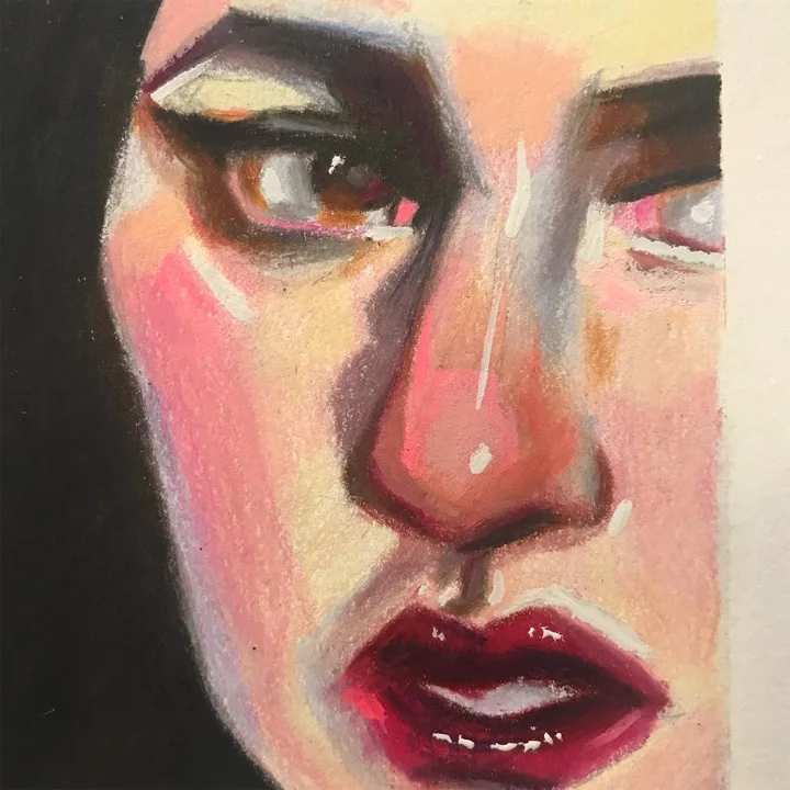 Pastel drawing of a close-up woman's face with dark hair, flushed pink skin, and parted crimson lips.