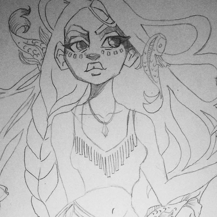 Pencil sketch of a scowling young woman with painted face markings, a pendant necklace, and long ornamented hair.