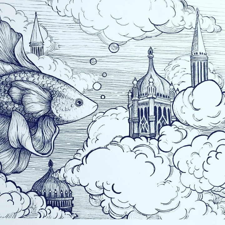 Blue ink drawing of a fish with flowing fins swimming through clouds past domed towers and spires.