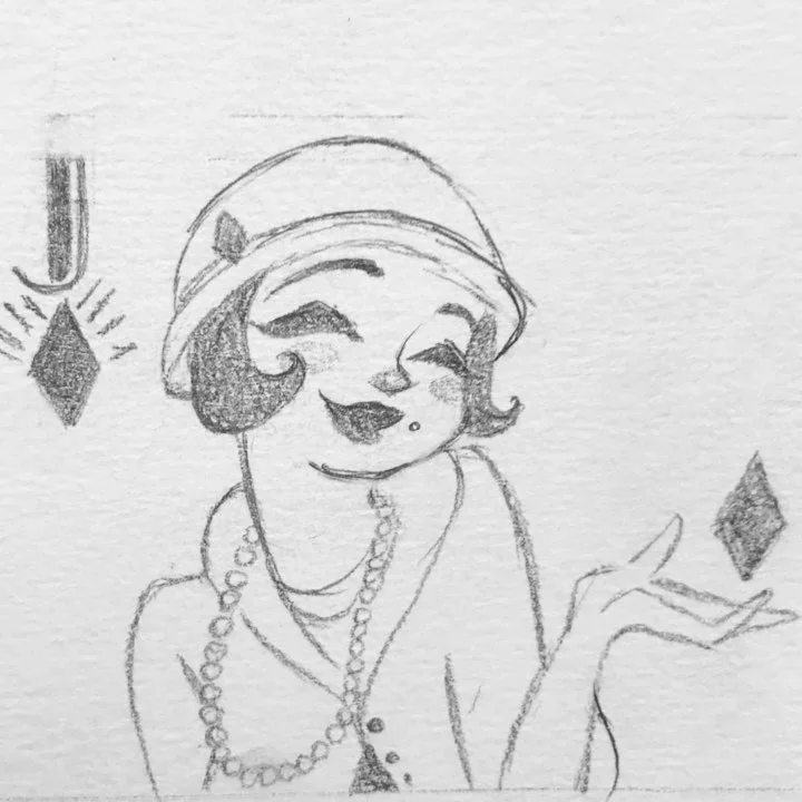 Pencil sketch of a winking 1920s flapper in a cloche hat and pearls, styled as a playing card with a J and diamonds.