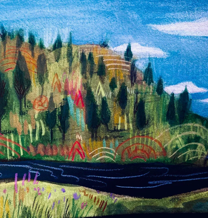 Pastel drawing of a pine-covered hillside above a dark river, with purple wildflowers and red decorative arcs.