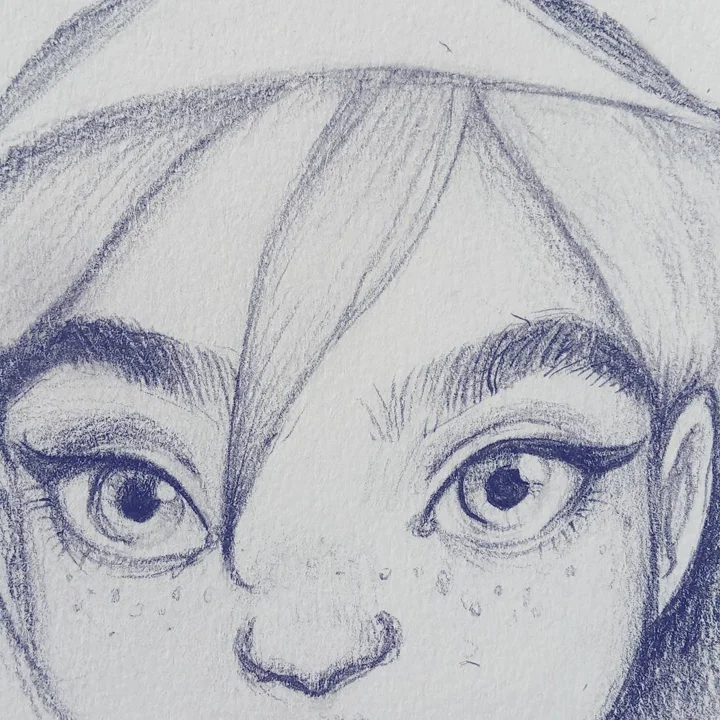 Blue pencil close-up of a girl's wide eyes, thick brows, side-swept bangs, and freckled cheeks.
