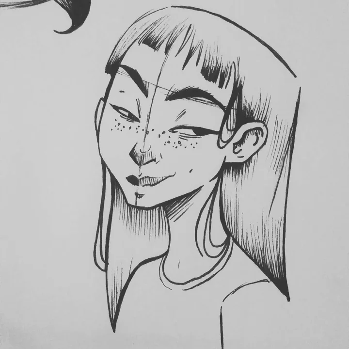 Ink drawing of a smirking freckled woman with long straight hair and blunt bangs.