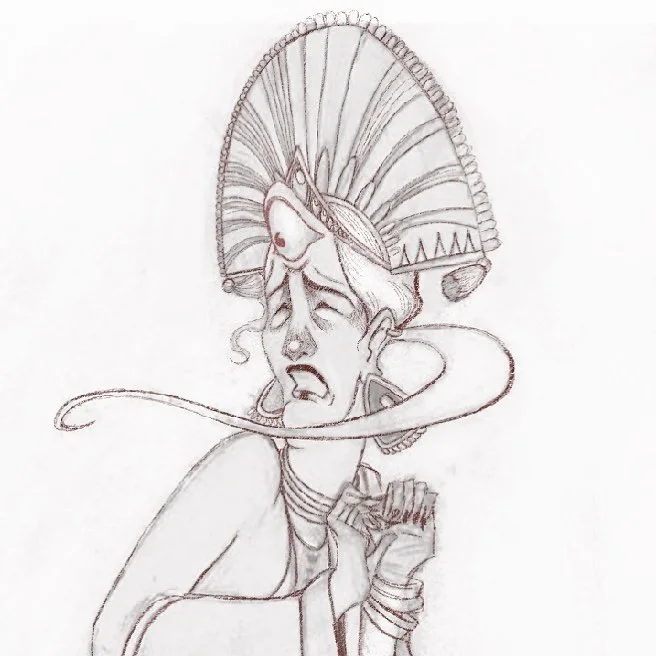Brown pencil sketch of a worried figure in a tall fan-shaped headdress, ribbons trailing, hands clasped.