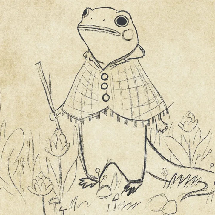Pencil drawing of a frog in a buttoned plaid cape holding a walking stick in a meadow of tulips.