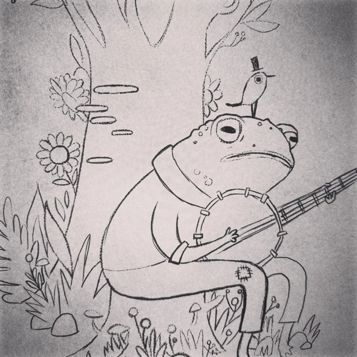 Line drawing of a frog in a scarf playing a banjo under a tree, a small top-hatted bird on its head.