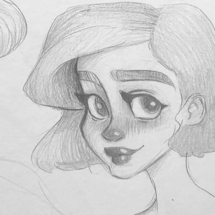 Pencil sketch of a big-eyed girl with a bob haircut and a beret, smiling shyly.