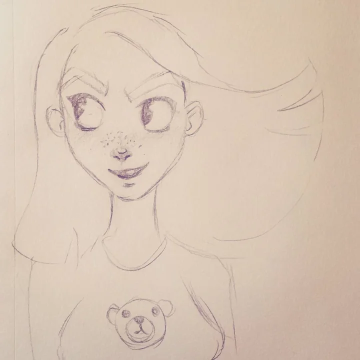 Pencil sketch of a freckled, wide-eyed girl with windblown hair wearing a teddy bear T-shirt.