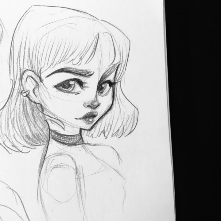Pencil sketch of a girl with a blunt bob, heavy-lidded eyes, and a choker necklace.