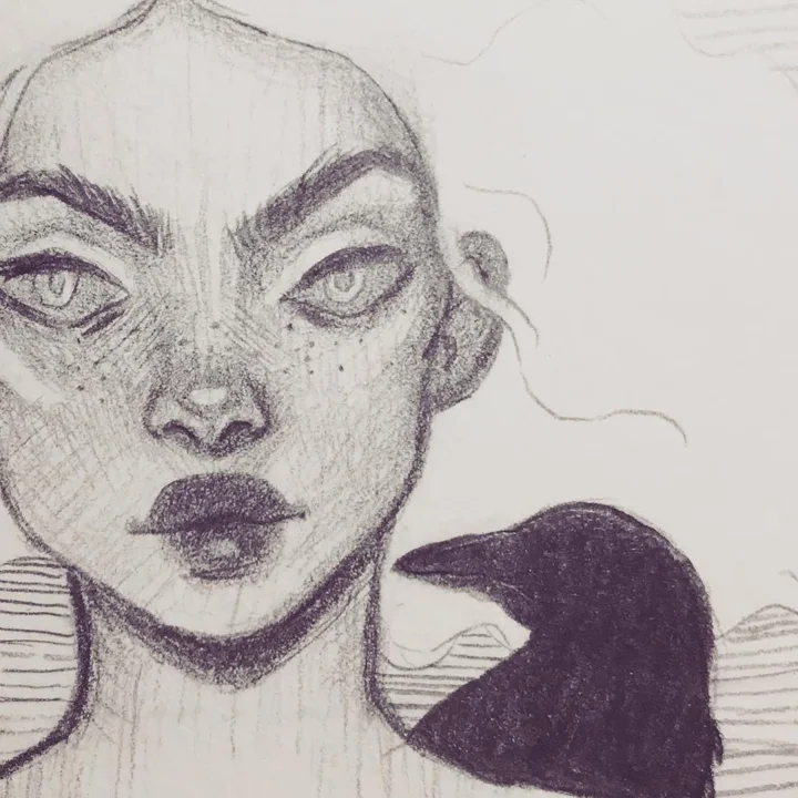 Pencil drawing of a freckled woman with an intense stare and a black crow perched at her shoulder.
