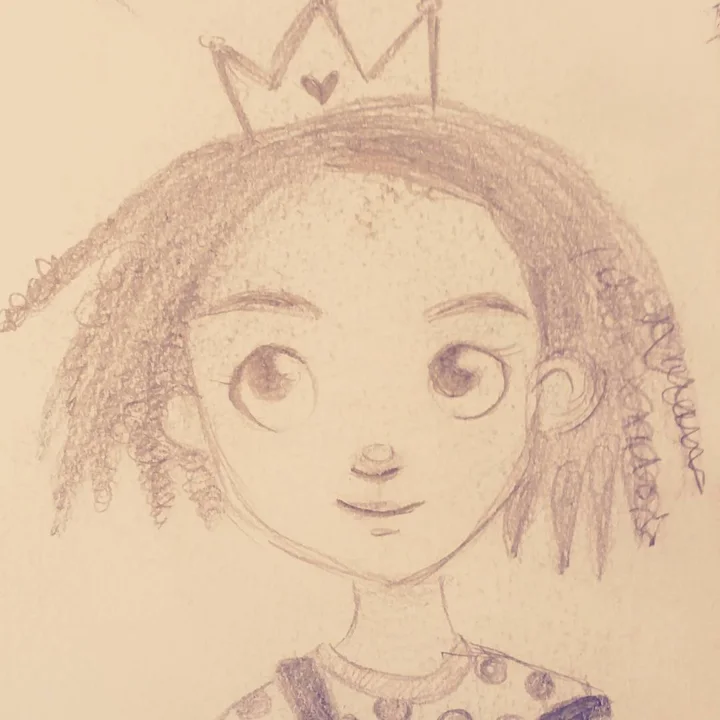 Pencil sketch of a smiling girl with locs and a heart-topped crown on warm toned paper.