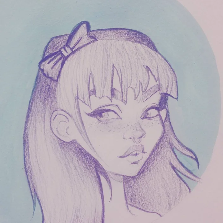 Purple pencil drawing of a freckled girl with long hair, blunt bangs, and a bow, against a pale blue circle.