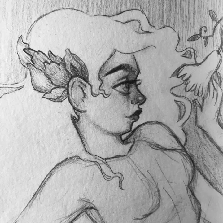 Pencil sketch of a young woman with a leafy crown in three-quarter profile, a small bird and vine beside her.