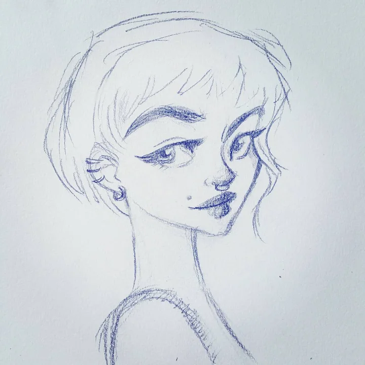 Blue pencil sketch of a girl with a pixie cut, winged eyeliner, and a beauty mark, glancing over her shoulder.