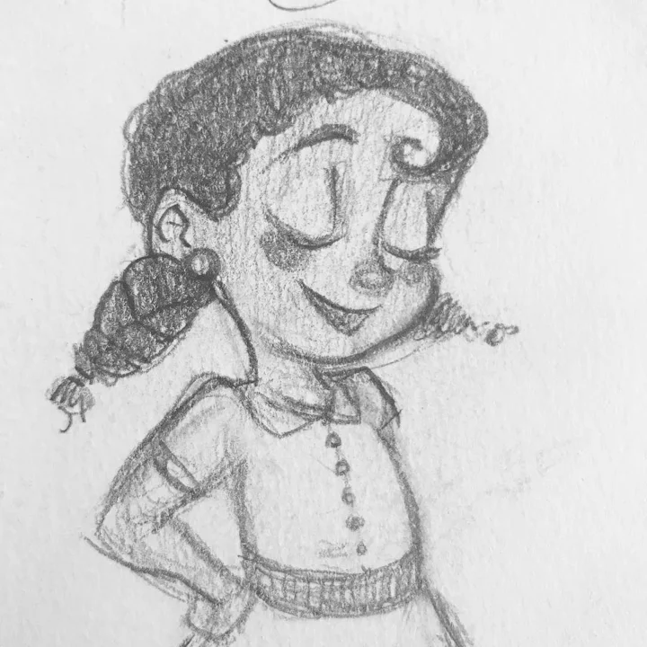 Pencil sketch of a smiling cartoon girl with a hand on her hip, wearing a large spider earring.