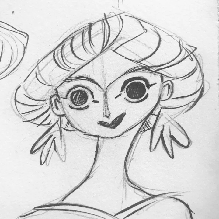 Pencil sketch of a wide-eyed girl with a sly smile, tousled short hair, and feather earrings.