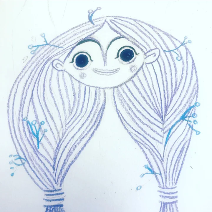 Blue pencil drawing of a smiling, wide-eyed girl with two enormous braids sprouting small blue flowers.