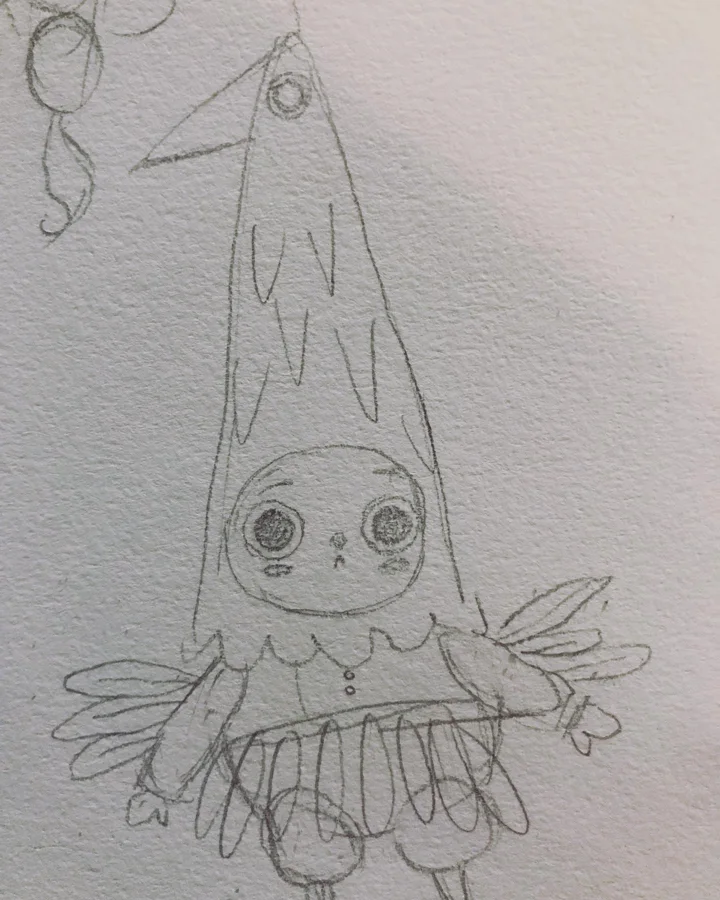 Pencil sketch of a tiny winged gnome with round eyes, a tall pointed hat, and a ruffled skirt.