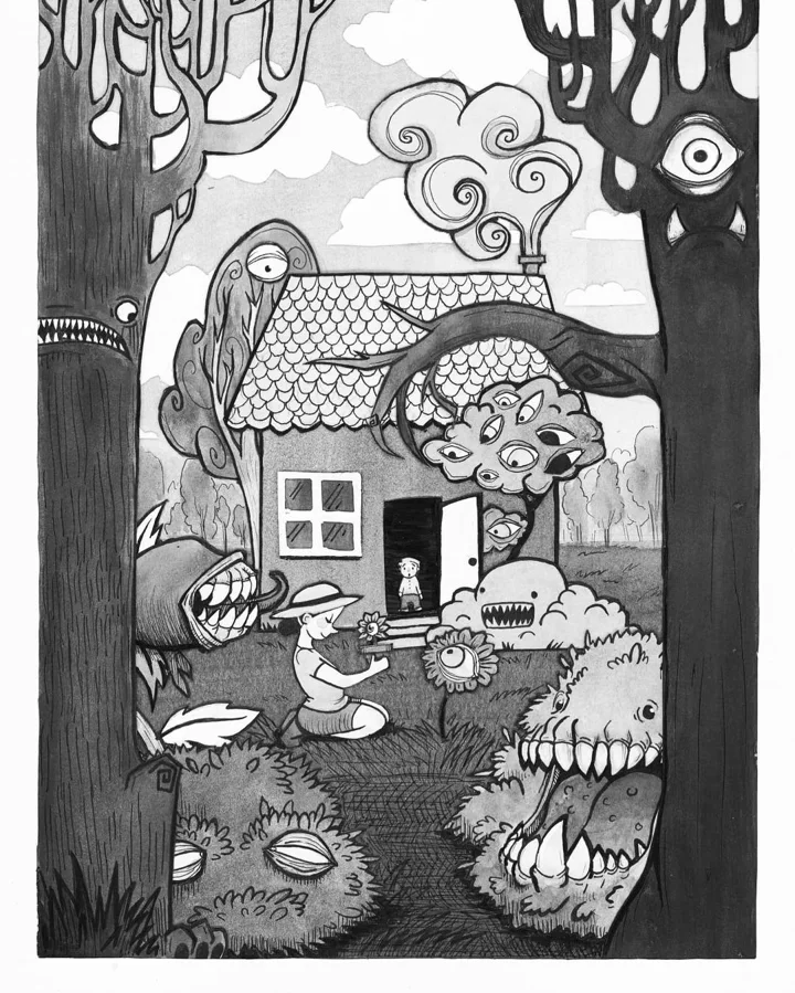 Ink and gray-tone drawing of a cottage garden with eyed trees and toothy plant monsters around a girl in a sun hat.