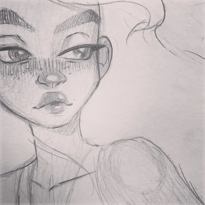 Pencil sketch of a girl with heavy-lidded eyes, hatched freckled cheeks, and full lips.
