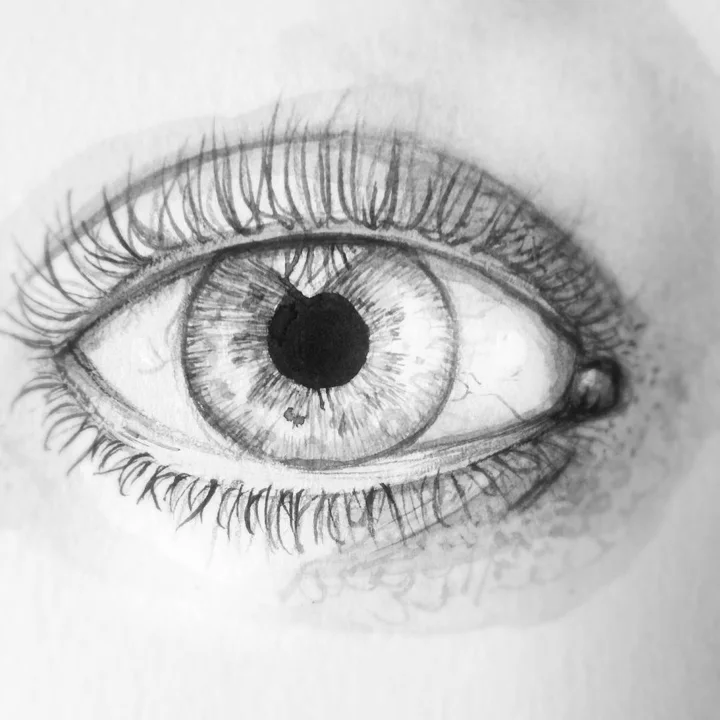 Pencil drawing of a human eye with a detailed iris and long lashes.
