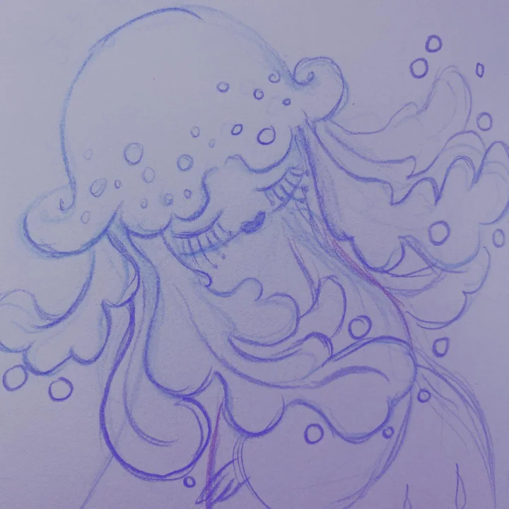 Blue pencil sketch of a girl with a jellyfish bell for a head and tentacle hair, surrounded by bubbles.