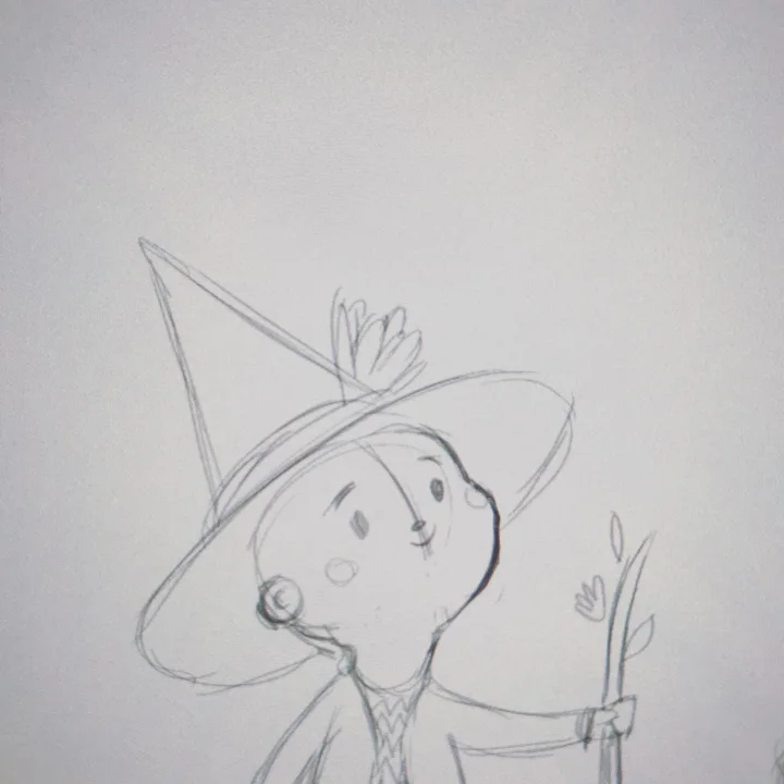 Pencil sketch of a round-faced child in a wide witch hat holding a leafy staff.