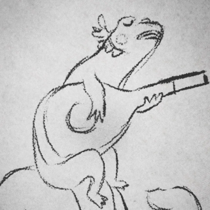 Charcoal line drawing of a cartoon lizard with a bow on its head, eyes closed, strumming a guitar.