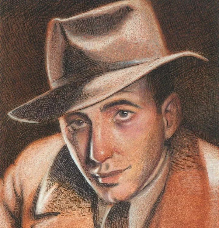 Colored pencil portrait of a man in a fedora and trench coat, with warm crosshatched shading on toned paper.