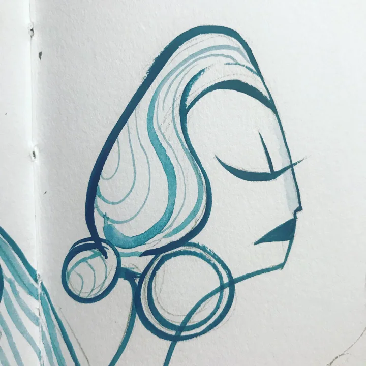 Teal ink drawing of a woman's profile with closed eyes and sweeping hair looped into round buns.