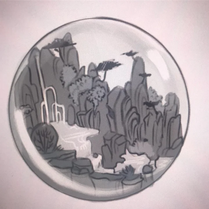 Grayscale drawing of craggy mountains, pine trees, and a waterfall enclosed in a glass sphere.