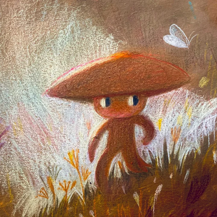 Pastel drawing of a small mushroom-capped creature standing in tall grass with orange wildflowers and a white butterfly.