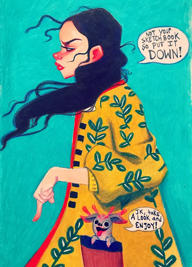 Colored pencil drawing of a windswept woman in a yellow leaf-print coat, a tiny pocket creature, and two speech bubbles.