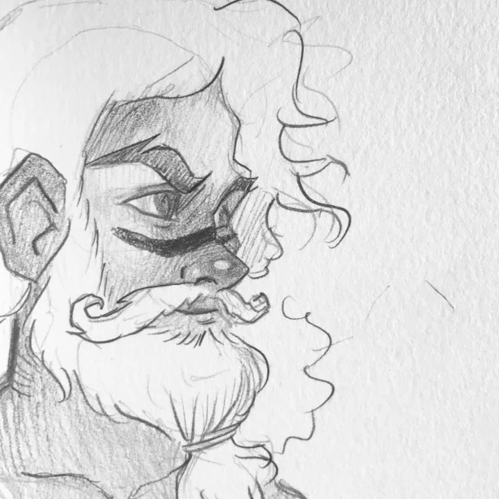 Pencil sketch of a scowling old man with bushy brows, a pointed ear, and a long beard tied at the end.
