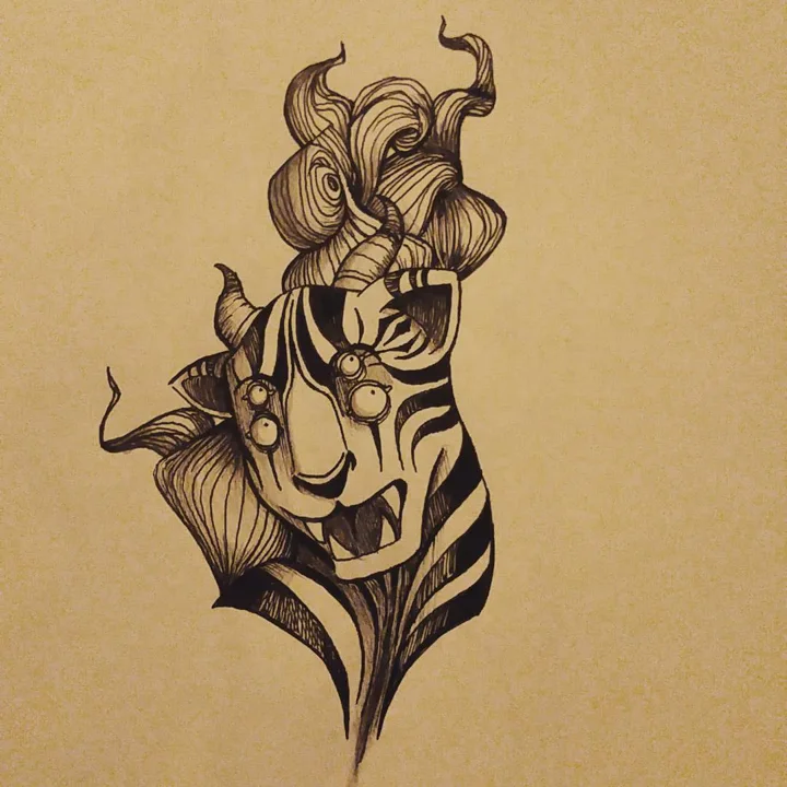 Ink drawing on kraft paper of a horned, fanged demon mask with striped markings, curling hair, and a flower.